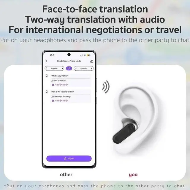 Alt view image 3 of 7 - NE20 Translation Earbuds, AI Translator Earbuds Real Time, Bluetooth 5.4 Earphones LED Display,140 Two-Way Language Translator Earphones, Noise Headphones for Travel, Business, Learning(Black+White)