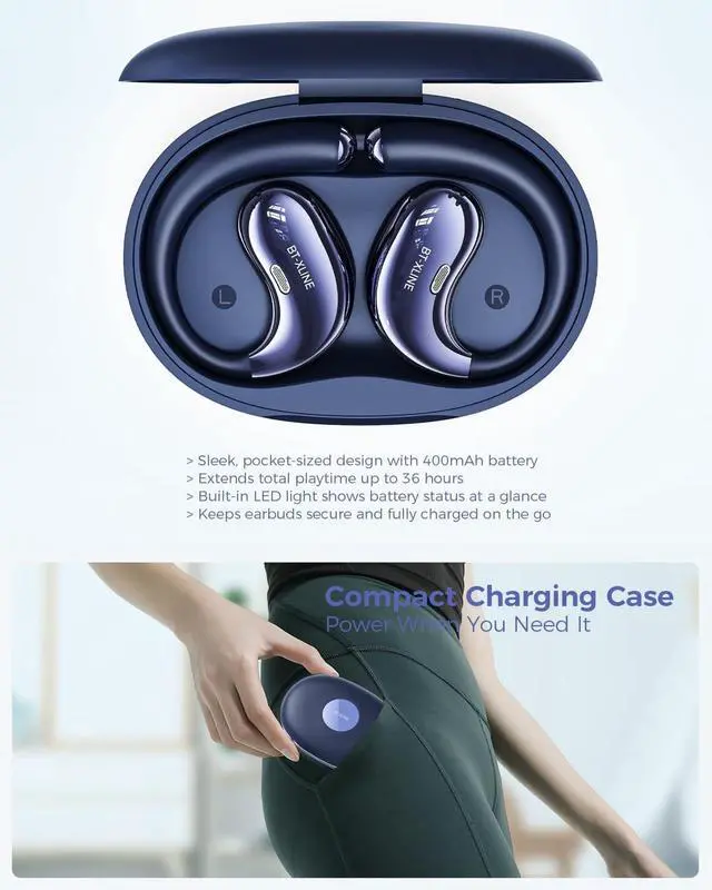 Alt view image 6 of 6 - Micool Open Ear Headphones Bluetooth 6.0, Clip On Earbuds Wireless with 36H Playtime, Noise Cancelling Comfort Fit Sports Headphones