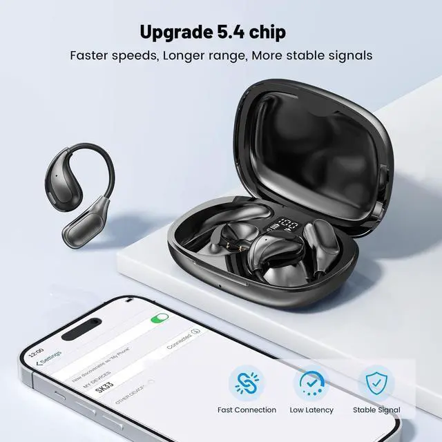 Alt view image 2 of 7 - Open Ear Wireless Bluetooth Headphones, Sport Over Headset Built-in Mic, LED Display, Touch Control Earphones, IPX5 Waterproof for Sports Running Driving Cycling (Green)