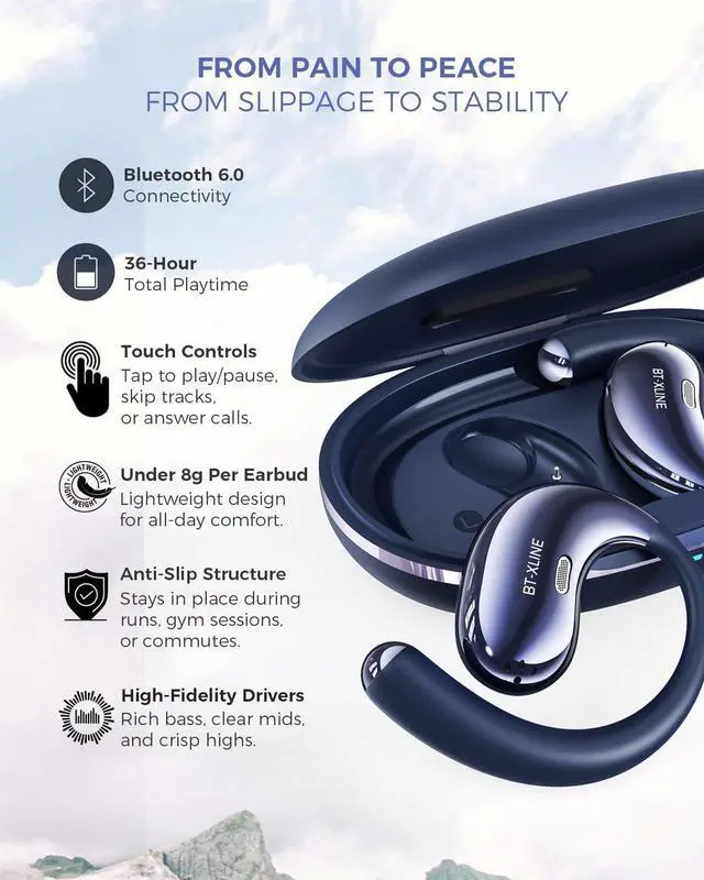 Alt view image 2 of 7 - Open Ear Bluetooth Headphones, Ear Hook Headphones, Wireless Ear Buds with Earhooks, Touch Control Earphones Sport Headsets for Running, Hiking & Outdoors