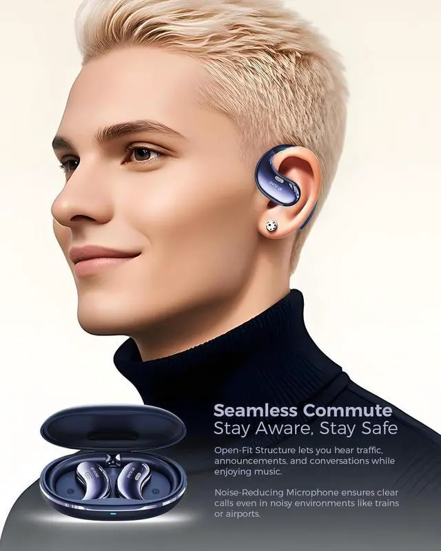 Alt view image 7 of 7 - Open Ear Bluetooth Headphones, Ear Hook Headphones, Wireless Ear Buds with Earhooks, Touch Control Earphones Sport Headsets for Running, Hiking & Outdoors