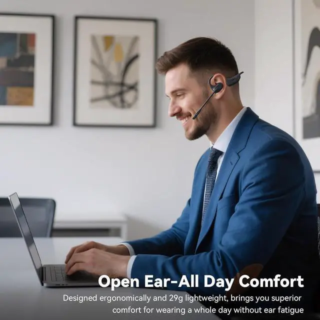 Alt view image 3 of 7 - LEVN Open Ear Headphones with Mic, 29g Bluetooth Headset with Microphone, Bluetooth Headphones with Noise Cancelling Mic, Waterproof Non-slip Wireless Headset with Mic for Work, Workout, Driving, Call