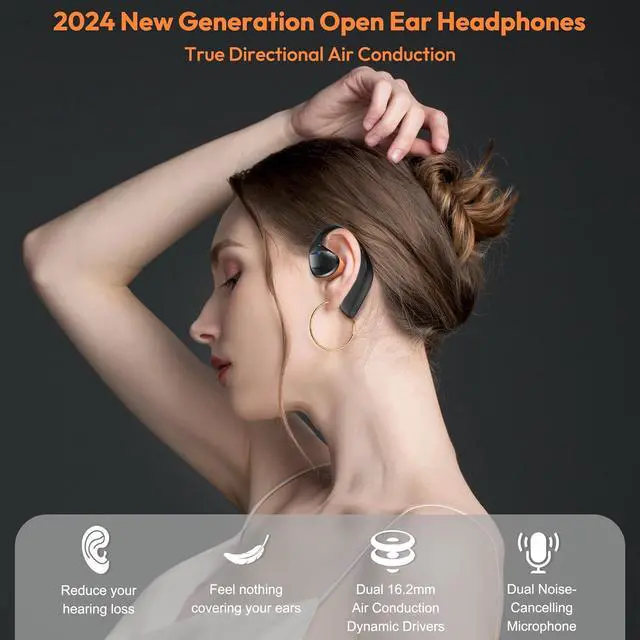 Alt view image 2 of 7 - Open Ear Headphones LK08 2024 Version, Air Conduction Headphones Bluetooth 5.3 Touch Control Wireless Earbuds, Up to 70 Hours Playtime Earphones with Dual 16.2mm Dynamic Drivers Deep Bass