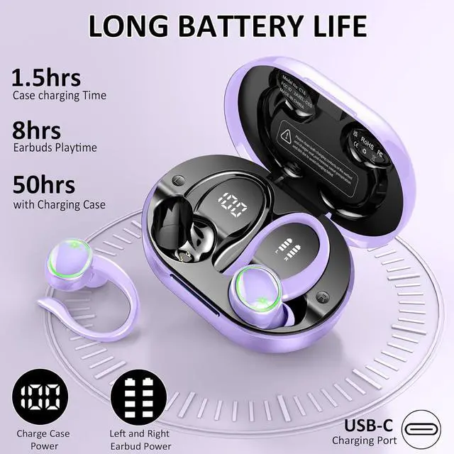Alt view image 3 of 7 - Wireless Earbuds, Bluetooth 5.4 Headphones Sports, 50H Playback Over-Ear Buds with ENC Noise Cancelling Mic, HiFi Stereo Fitness Earphones with Earhooks, IP7 Waterproof Headset for Running
