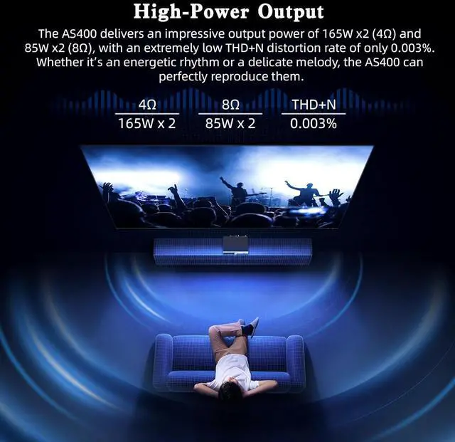 Alt view image 5 of 7 - SMSL AS400 Power Amplifier DAC Headphone Amp 165W x2 2.1 Channel MA5332MS MM Phono Amp Bluetooth 5.1 CS43131 MQA CD DAC Preamp 4.4mm/6.35mm RCA/BT/USB/Opt/Coax/Phono/12S Input 768K/32Bit XMOS XU316