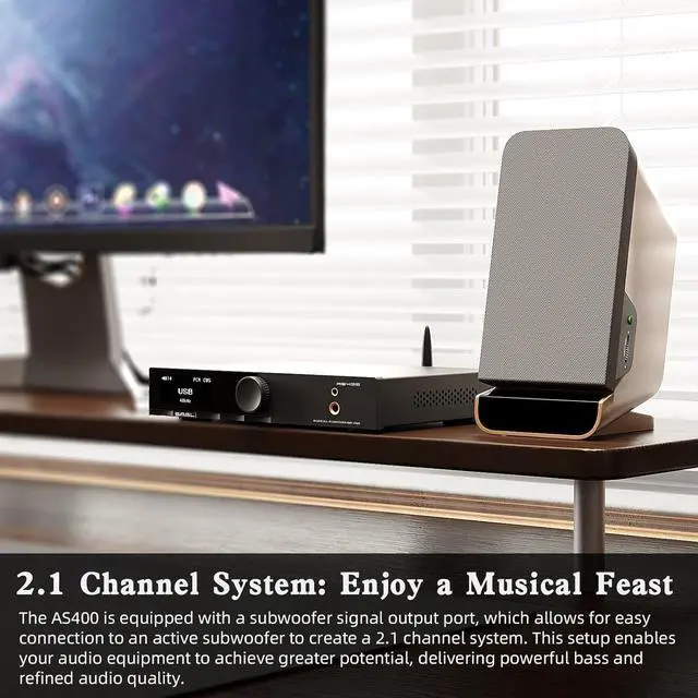 Alt view image 6 of 7 - SMSL AS400 Power Amplifier DAC Headphone Amp 165W x2 2.1 Channel MA5332MS MM Phono Amp Bluetooth 5.1 CS43131 MQA CD DAC Preamp 4.4mm/6.35mm RCA/BT/USB/Opt/Coax/Phono/12S Input 768K/32Bit XMOS XU316
