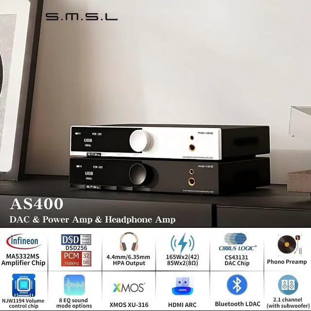 Alt view image 3 of 7 - SMSL AS400 Power Amplifier DAC Headphone Amp 165W x2 2.1 Channel MA5332MS MM Phono Amp Bluetooth 5.1 CS43131 MQA CD DAC Preamp 4.4mm/6.35mm RCA/BT/USB/Opt/Coax/Phono/12S Input 768K/32Bit XMOS XU316