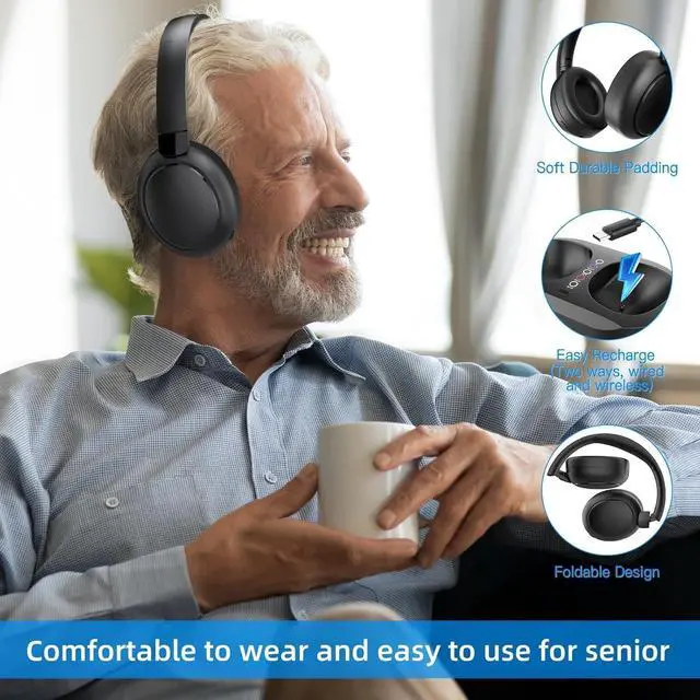 Alt view image 4 of 7 - Wireless TV Headphones, Wireless Headset for TV Watching with Transmitter Charging Dock, Plug and Play Over Ear Headsets for Seniors, 2.4G RF & Bluetooth Headset, No Audio Delay, Compatible All TVs