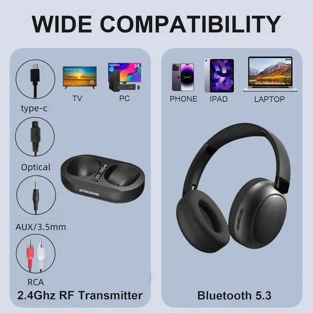 Alt view image 6 of 7 - Wireless TV Headphones, Wireless Headset for TV Watching with Transmitter Charging Dock, Plug and Play Over Ear Headsets for Seniors, 2.4G RF & Bluetooth Headset, No Audio Delay, Compatible All TVs