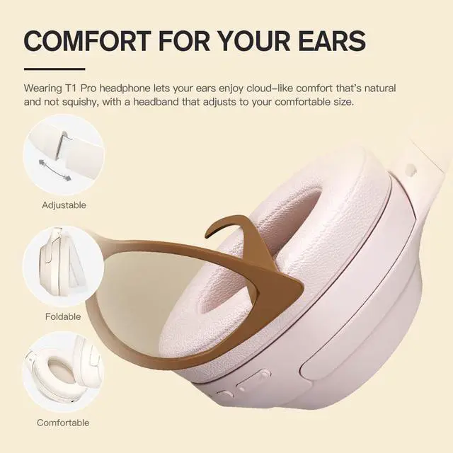 Alt view image 6 of 7 - T1 Pro Wireless Bluetooth Over Ear Headphones, 100H Playback, HiFi Sound,Multi-Device Connection, Foldable Design, Wired Mode, for Travel/Work/Gaming/School (Pink 1.0)