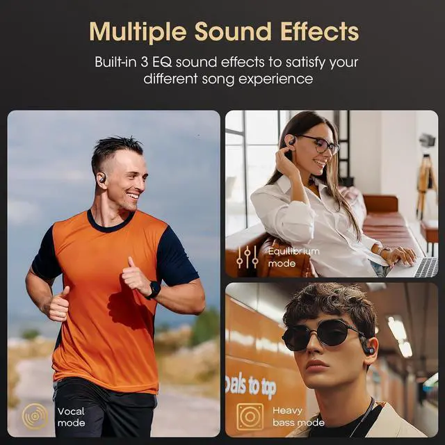 Alt view image 3 of 7 - Open Ear Headphones, Bluetooth 5.4 Wireless Headphones with Earhook, Stereo Sound by Runway-Type Speaker, 3 EQ Modes, 48H Play, Lightweight, Comfort Wireless Earbuds for Running Sport Workout (Black)