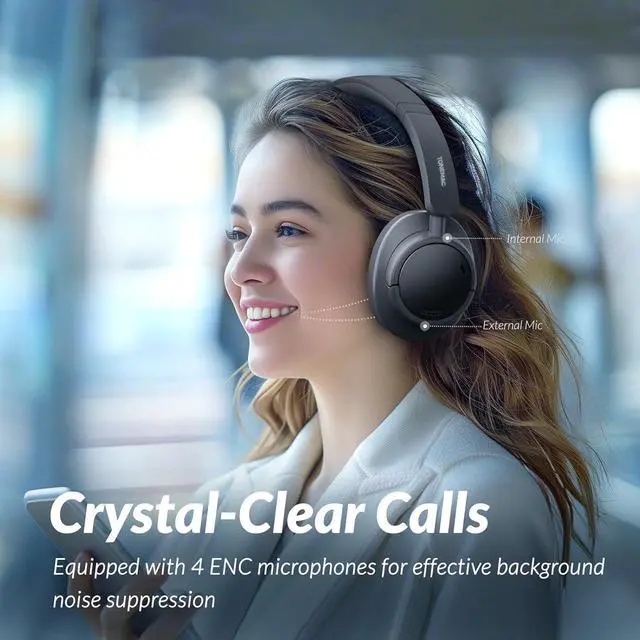 Alt view image 6 of 7 - TONEMAC H7Pro Bluetooth Headphones with -45dB Hybrid Active Noise Cancelling, 80H Playtime Wireless Over-Ear Headphones, Immersive Deep Bass Stereo, 4-Mic ENC Clear Calls, Personalized Comfort, Black