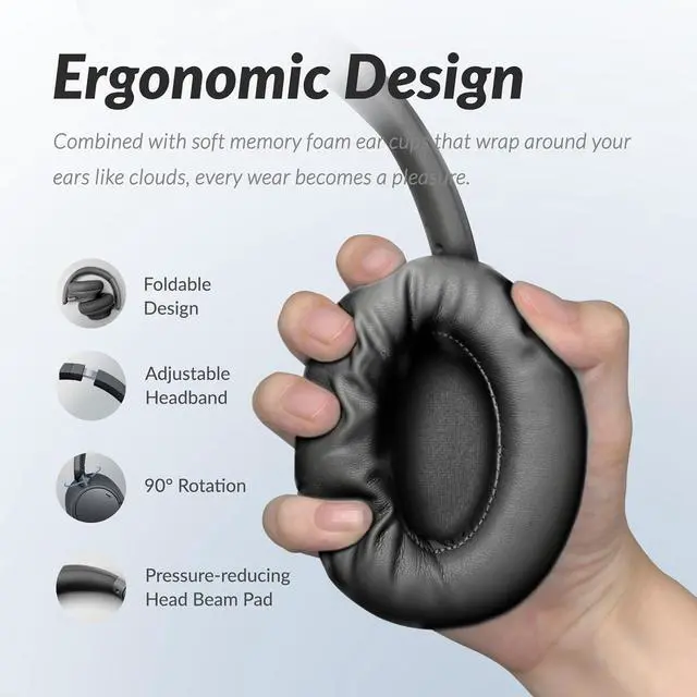 Alt view image 4 of 7 - TONEMAC H7Pro Bluetooth Headphones with -45dB Hybrid Active Noise Cancelling, 80H Playtime Wireless Over-Ear Headphones, Immersive Deep Bass Stereo, 4-Mic ENC Clear Calls, Personalized Comfort, Black