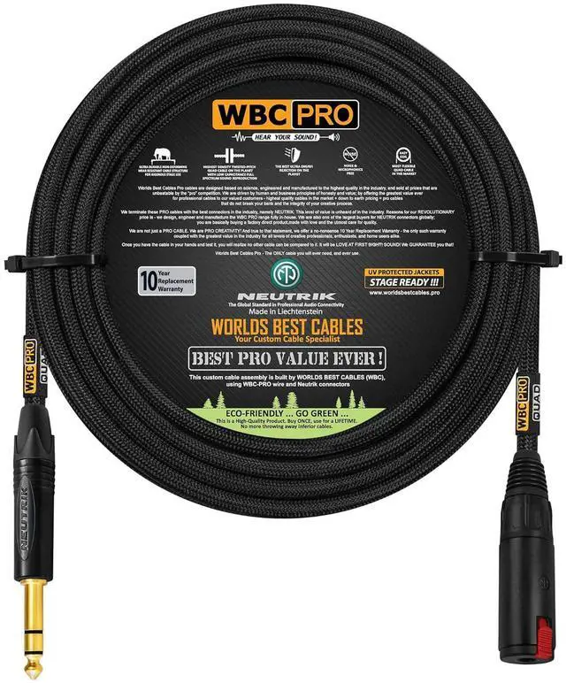 Main image of 35 Foot - WBC-PRO-Quad Ultra-Silent, Ultra-Flexible, Balanced Star-Quad Headphone Extension Cable with ¼ (6.35mm) Neutrik Male TRS Plug to Locking Female TRS Jack & Black Tweed Jacket