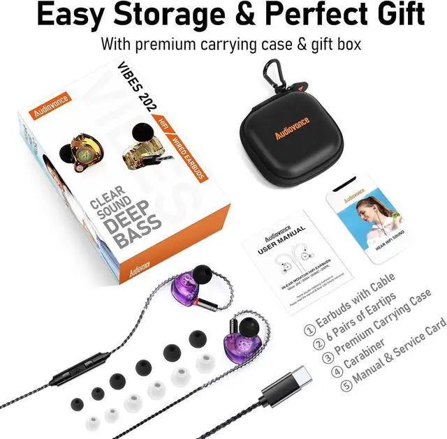 Alt view image 6 of 7 - Vibes 202MC USB-C Wired Earbuds - HiFi in Ear Monitor Headphones - Noise Isolating Ear Buds w/ Mic - Clear Sound, Deep Bass & Comfort-Fit Earphones - MMCX to USBC, Silver Plated Cord, Carrying Case