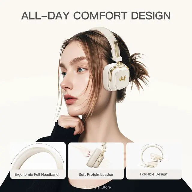 Alt view image 3 of 7 - iKF E2 Retro Classic Wireless Bluetooth On-Ear Headphones, Foldable Headset, 90H Playback, 40mm Drivers, Deep Bass, 360° Spatial Sound, Built-in Mic,OOTD 80S 90S (Offwhite)