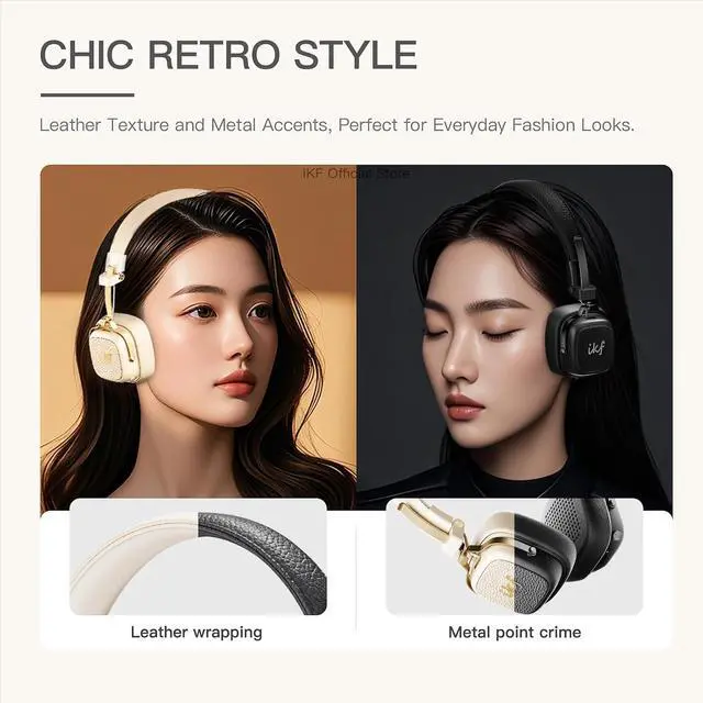 Alt view image 2 of 7 - iKF E2 Retro Classic Wireless Bluetooth On-Ear Headphones, Foldable Headset, 90H Playback, 40mm Drivers, Deep Bass, 360° Spatial Sound, Built-in Mic,OOTD 80S 90S (Offwhite)