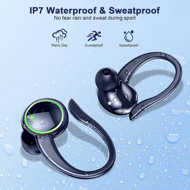Alt view image 4 of 7 - Wireless Earbuds, Bluetooth 5.3 Headphones with Noise Cancelling Mic, Bass Stereo Bluetooth Earphones 50Hrs with LED Display, IP7 Waterproof Earbuds with Earhooks, Over Ear Buds for Sports, Deep Blue