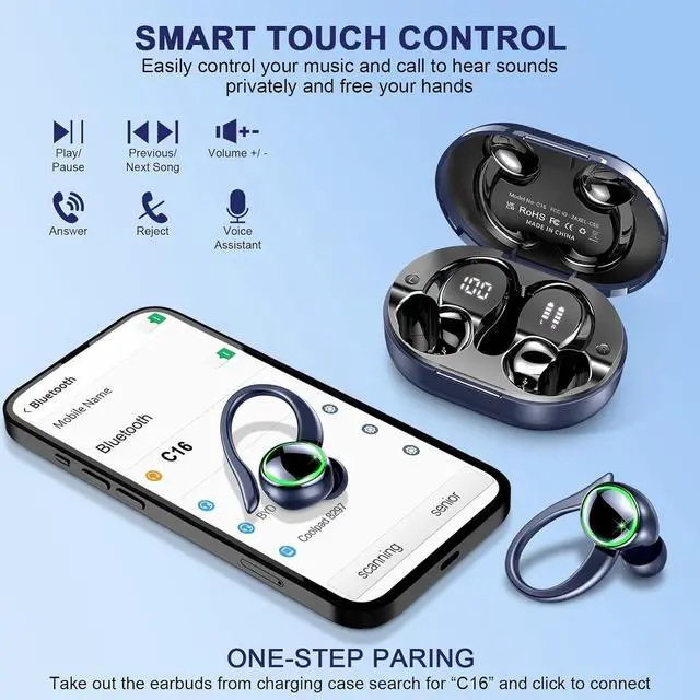 Alt view image 5 of 7 - Wireless Earbuds, Bluetooth 5.3 Headphones with Noise Cancelling Mic, Bass Stereo Bluetooth Earphones 50Hrs with LED Display, IP7 Waterproof Earbuds with Earhooks, Over Ear Buds for Sports, Deep Blue