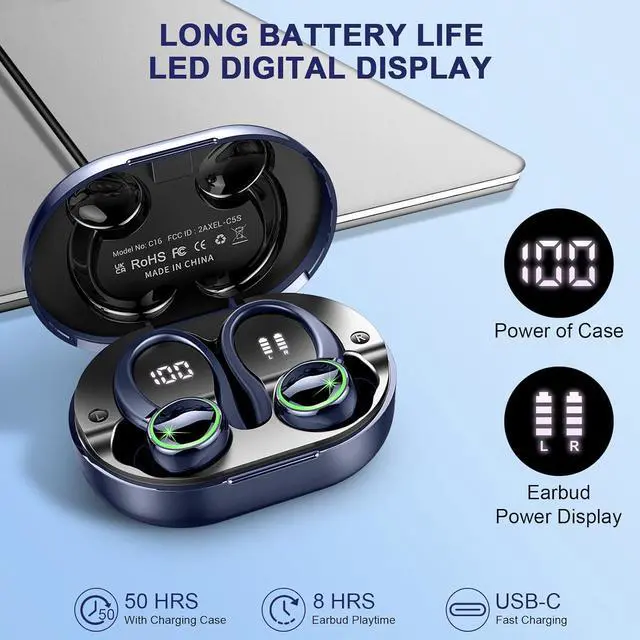 Alt view image 7 of 7 - Wireless Earbuds, Bluetooth 5.3 Headphones with Noise Cancelling Mic, Bass Stereo Bluetooth Earphones 50Hrs with LED Display, IP7 Waterproof Earbuds with Earhooks, Over Ear Buds for Sports, Deep Blue