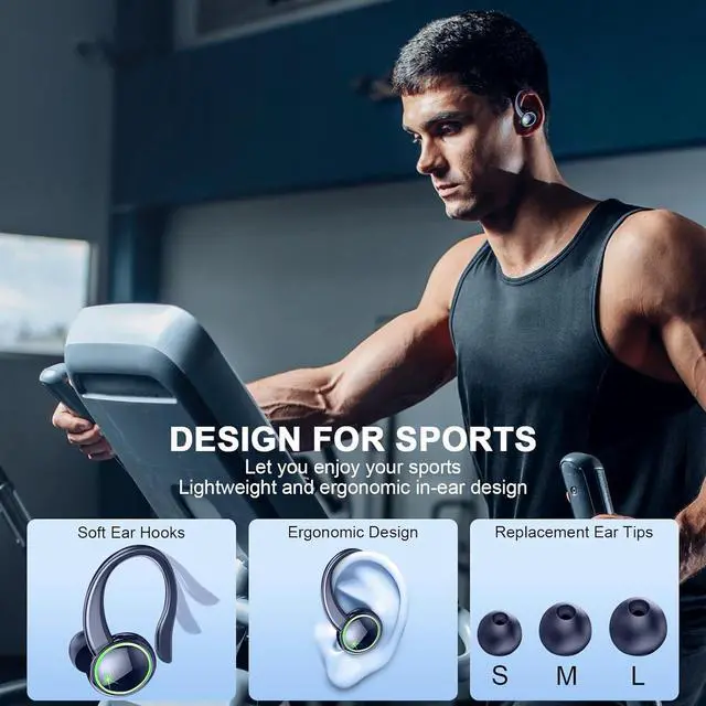 Alt view image 6 of 7 - Wireless Earbuds, Bluetooth 5.3 Headphones with Noise Cancelling Mic, Bass Stereo Bluetooth Earphones 50Hrs with LED Display, IP7 Waterproof Earbuds with Earhooks, Over Ear Buds for Sports, Deep Blue