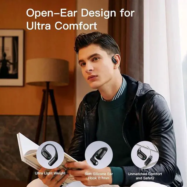 Alt view image 2 of 7 - Open Ear Headphones Wireless Earbuds Bluetooth 5.4 Noise Cancelling Headphones Touch Control Air Conduction Sport Headsets IPX6 Waterproof Earphones Over Ear Headphones Running Workout (Black)
