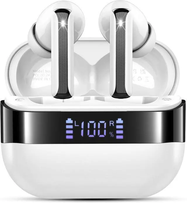 Main image of Wireless Earbuds 2025 Bluetooth 5.4 Headphones Bass Stereo Ear Buds with 4 Mics ENC Noise Cancelling Bluetooth Earbuds 48H Playtime LED Display Charging Case IP7 Waterproof in Ear Earphones white