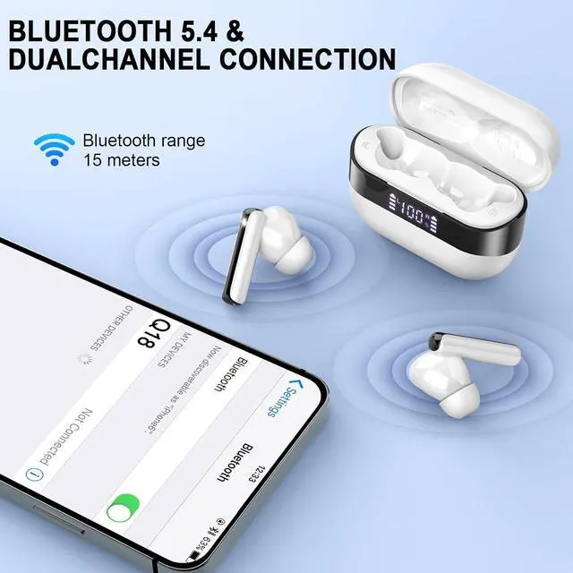 Alt view image 7 of 7 - Wireless Earbuds 2025 Bluetooth 5.4 Headphones Bass Stereo Ear Buds with 4 Mics ENC Noise Cancelling Bluetooth Earbuds 48H Playtime LED Display Charging Case IP7 Waterproof in Ear Earphones white