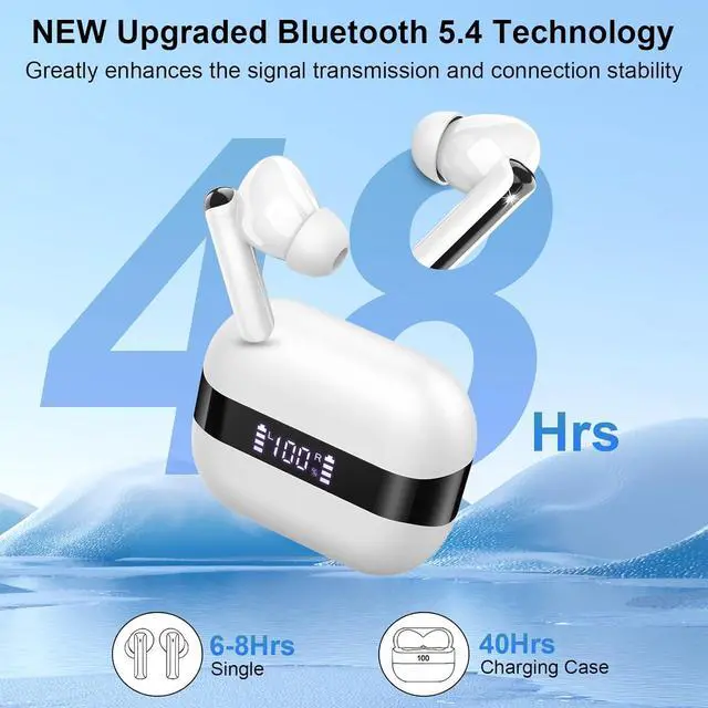 Alt view image 4 of 7 - Wireless Earbuds 2025 Bluetooth 5.4 Headphones Bass Stereo Ear Buds with 4 Mics ENC Noise Cancelling Bluetooth Earbuds 48H Playtime LED Display Charging Case IP7 Waterproof in Ear Earphones white