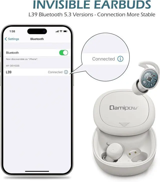Alt view image 2 of 7 - Damipow Wireless Sleep earbuds, Invisible Bluetooth 5.3 in Ear Sleep Earphones, Noise Blocking Sleeping Headphones for Side Sleepers, Micro Sleepbuds Built-in Mic for Music, Working, Hiking(off-White)