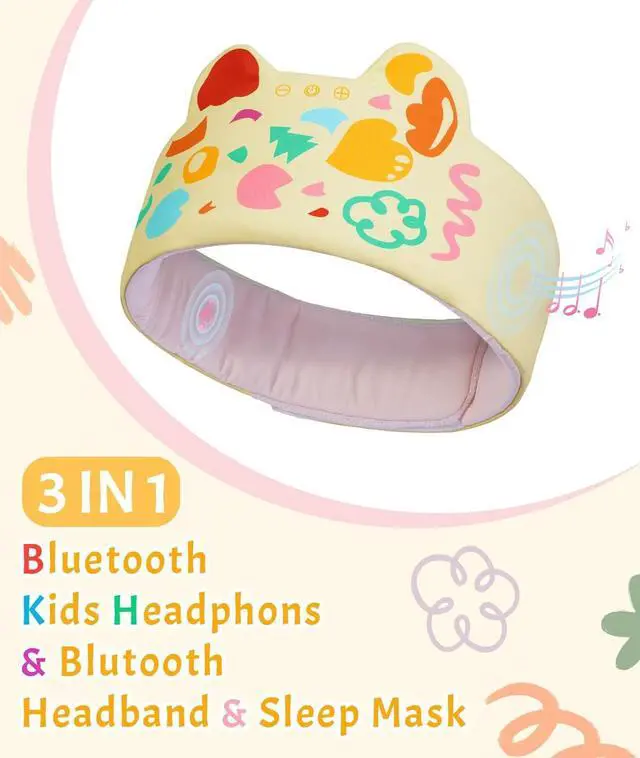 Alt view image 2 of 7 - LC-dolida Kids Headphones Bluetooth Headband Sleep Mask Wireless Earphones Built in Thin Speaker Airplane Accessories for Boys & Girls Children Learning, Sleep and Entertainment (Yellow)