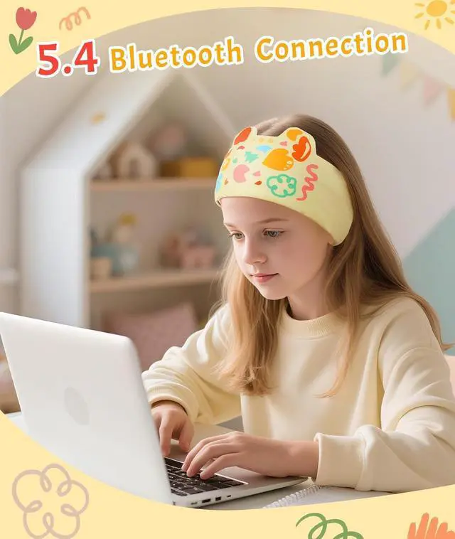 Alt view image 3 of 7 - LC-dolida Kids Headphones Bluetooth Headband Sleep Mask Wireless Earphones Built in Thin Speaker Airplane Accessories for Boys & Girls Children Learning, Sleep and Entertainment (Yellow)