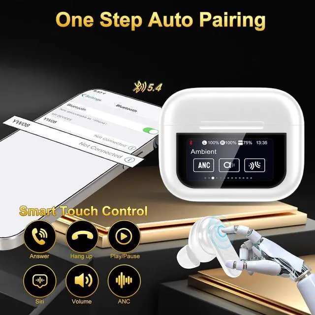 Alt view image 6 of 7 - Wireless Earbuds, Touch Screen Earphones Wireless Bluetooth 5.4 In Ear Headphones, Hifi Sound ANC Noise Canceling Earbuds, Multifunctional Ear Buds Headsets for Android IOS Gym Sports (White)