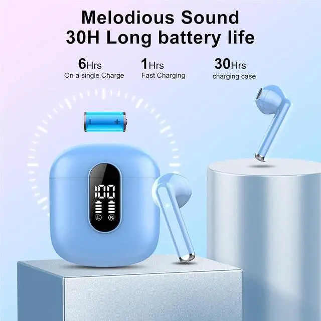 Alt view image 5 of 7 - Wireless Earbuds, Bluetooth 5.4 Headphones HiFi Stereo, Bluetooth Earbuds with ENC Noise Cancelling Mic, 36H LED Display Ear Buds, IPX7 in Ear Earphones for Phone Tablet Laptop Sports, Hellblau