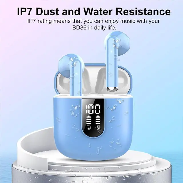 Alt view image 6 of 7 - Wireless Earbuds, Bluetooth 5.4 Headphones HiFi Stereo, Bluetooth Earbuds with ENC Noise Cancelling Mic, 36H LED Display Ear Buds, IPX7 in Ear Earphones for Phone Tablet Laptop Sports, Hellblau