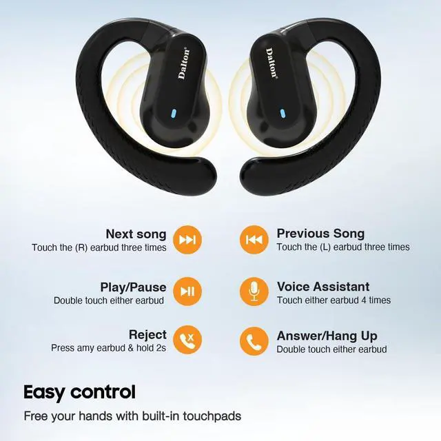 Alt view image 6 of 6 - DALTON X5Pro Open Ear Earbuds Open Ear Headphones  Clip On Earbuds, Best Rated Wireless Bluetooth Outer Buds with Hooks, Multipoint Sport Headphone for Running, Fitness, Construction Workers