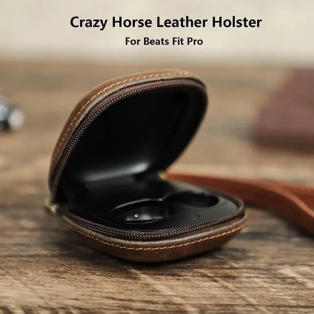 Alt view image 2 of 7 - Genuine Leather Case for Beats Fit Pro, Retro Crazy Horse Cowhide Leather Travel Protective Cover with Anti-Lost Wrist Strap, Durable Shockproof Earphone Case Compatible with Beats Fit Pro Coffee