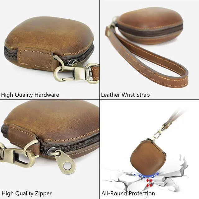 Alt view image 3 of 7 - Genuine Leather Case for Beats Fit Pro, Retro Crazy Horse Cowhide Leather Travel Protective Cover with Anti-Lost Wrist Strap, Durable Shockproof Earphone Case Compatible with Beats Fit Pro Coffee