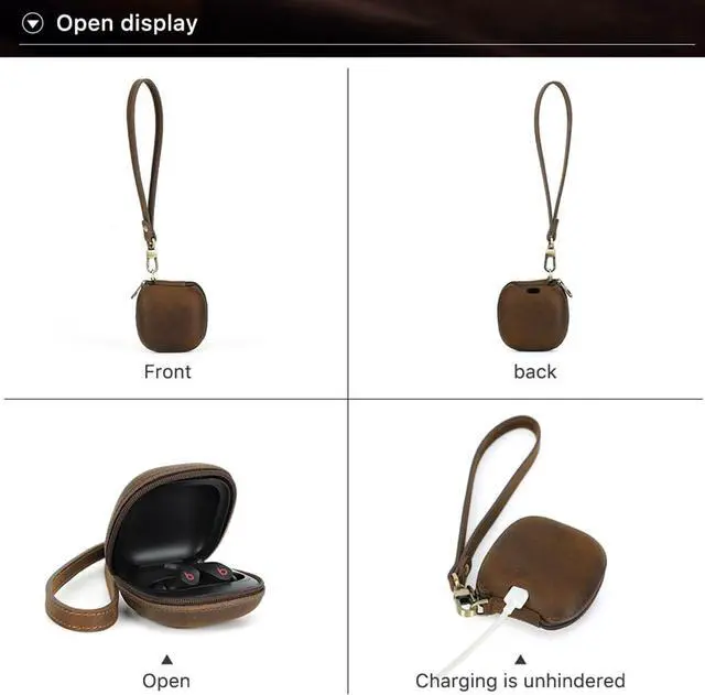 Alt view image 6 of 7 - Genuine Leather Case for Beats Fit Pro, Retro Crazy Horse Cowhide Leather Travel Protective Cover with Anti-Lost Wrist Strap, Durable Shockproof Earphone Case Compatible with Beats Fit Pro Coffee