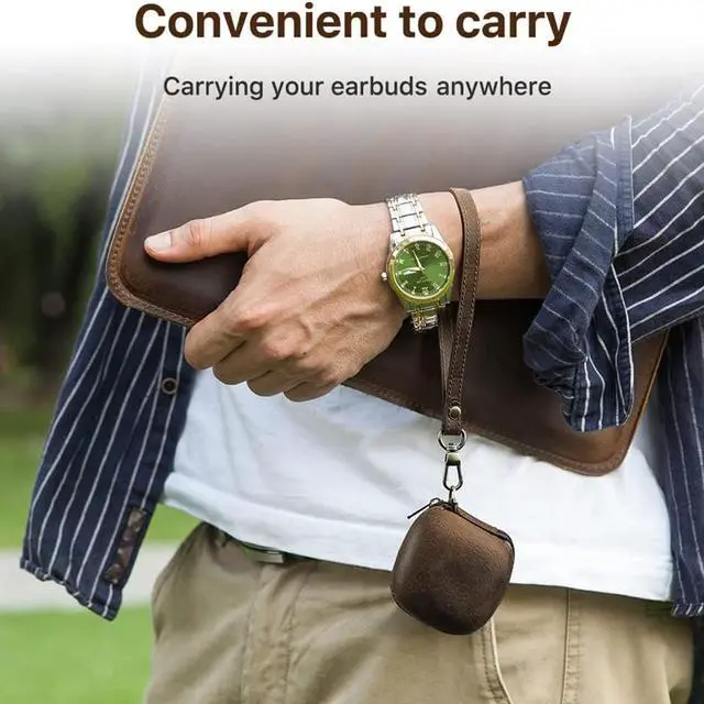 Alt view image 5 of 7 - Genuine Leather Case for Beats Fit Pro, Retro Crazy Horse Cowhide Leather Travel Protective Cover with Anti-Lost Wrist Strap, Durable Shockproof Earphone Case Compatible with Beats Fit Pro Coffee