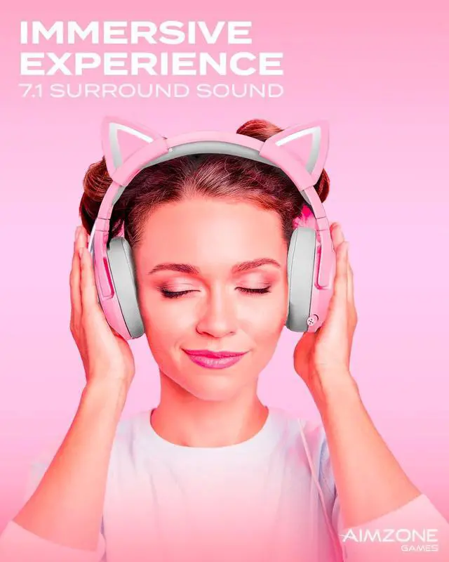 Alt view image 4 of 7 - Aimzone Cat Ear Gaming Headset with Noise Cancelling Over Ear Headphones with Microphone, Soft Memory Padded Earmuffs, RGB, 7.1 Surround Bass and Sound, Wired Headset with Mic, Phone, Laptop, PC(Pink)