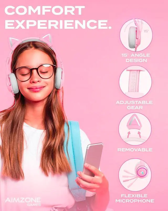 Alt view image 2 of 7 - Aimzone Cat Ear Gaming Headset with Noise Cancelling Over Ear Headphones with Microphone, Soft Memory Padded Earmuffs, RGB, 7.1 Surround Bass and Sound, Wired Headset with Mic, Phone, Laptop, PC(Pink)