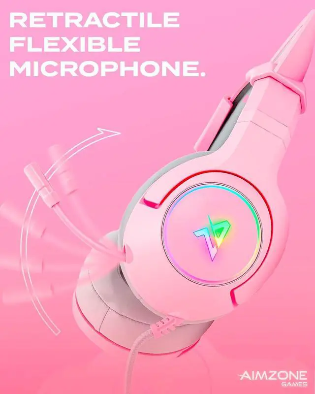 Alt view image 5 of 7 - Aimzone Cat Ear Gaming Headset with Noise Cancelling Over Ear Headphones with Microphone, Soft Memory Padded Earmuffs, RGB, 7.1 Surround Bass and Sound, Wired Headset with Mic, Phone, Laptop, PC(Pink)