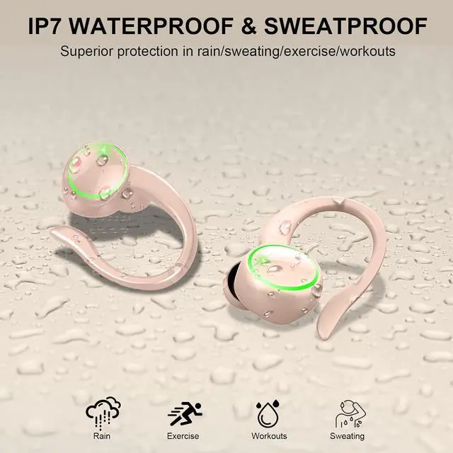Alt view image 5 of 7 - Wireless Earbuds, Deep Bass Fitness Earphones Gym Running, Bluetooth Headphones Sports, IP7 Waterproof Headset with Earhook Workout, Playback Over-Ear Buds with Noise Cancelling Mic