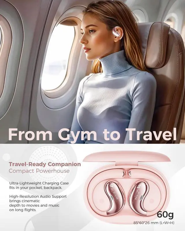 Alt view image 2 of 7 - Open Ear Bluetooth Headphones, Bluetooth 6.0, Open Ear Earbuds, 36H Playtime, Flex EarHook for Sports, Running, Workouts - Comfortable Lightweight Earbuds with Touch Control (Pink)