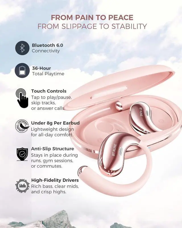 Alt view image 4 of 7 - Open Ear Bluetooth Headphones, Bluetooth 6.0, Open Ear Earbuds, 36H Playtime, Flex EarHook for Sports, Running, Workouts - Comfortable Lightweight Earbuds with Touch Control (Pink)