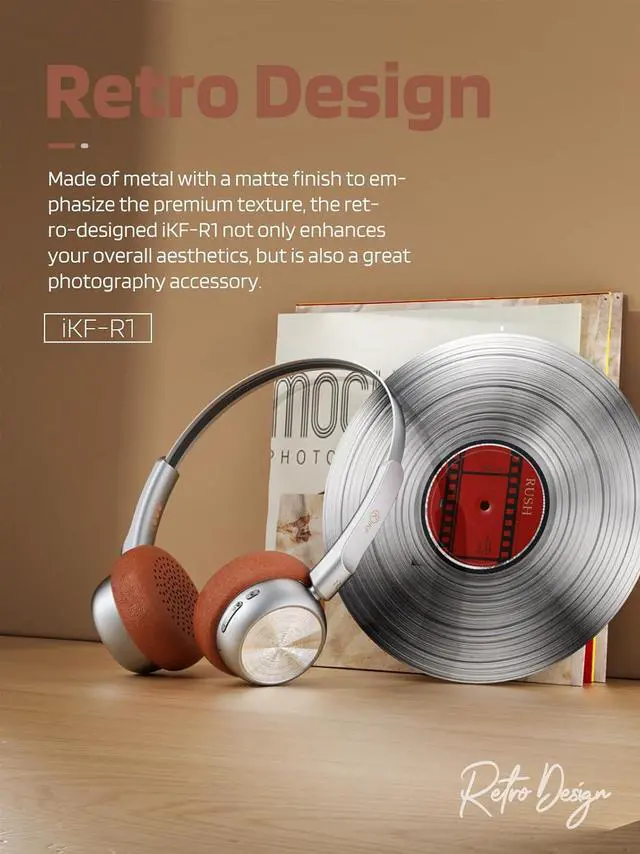 Alt view image 2 of 7 - iKF-R1 Retro Headphones Bluetooth 5.4 Hi-Fi Sound Custom EQ via App 60H Playtime Comfortable Fit Multipoint Connection Lightweight Vintage Headphones (Brown)