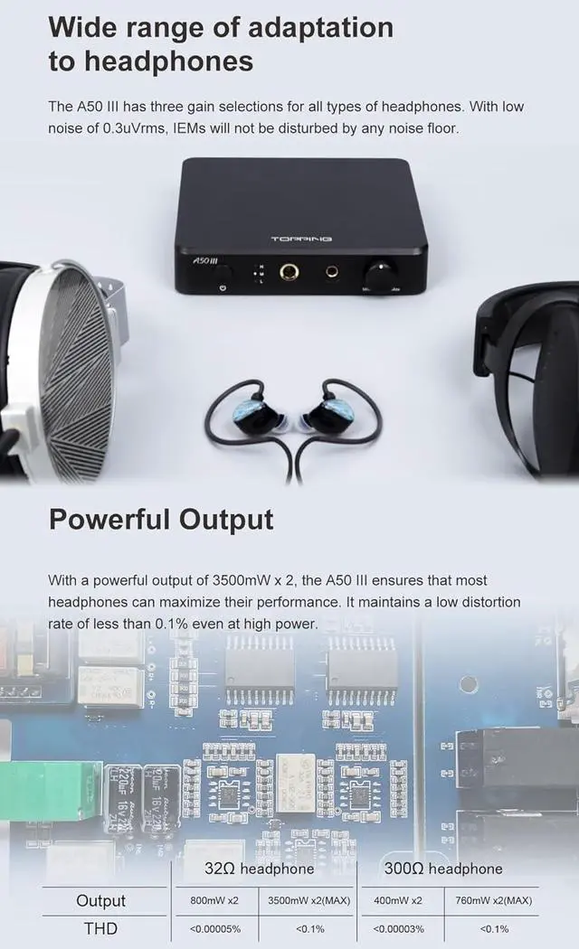 Alt view image 7 of 7 - Topping A50 III NFCA Headphone amp Pre-Amplifier - SE/BAL Input 6.35mm Single-dended 4.4mm Balanced Jack 3500mW x2 Powerful Output (A50III Black)