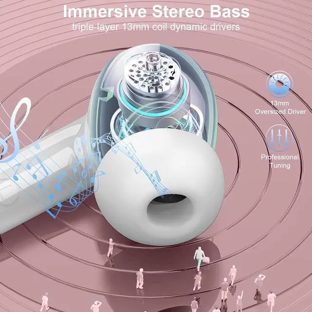 Alt view image 3 of 7 - Wireless Earbuds, Bluetooth 5.4 Headphones with 4 ENC Noise Cancelling Mic, 45Hrs Playtime Bluetooth Earphones HiFi Stereo Deep Bass, in Ear Earbuds IP7 Waterproof, Wireless Headphones Rose Gold