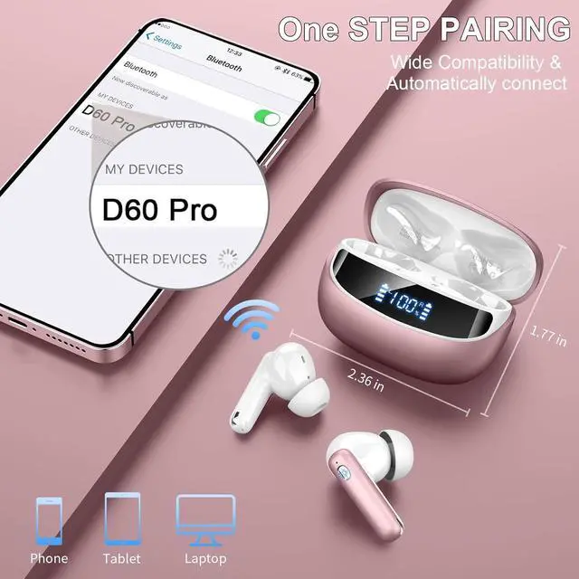 Alt view image 4 of 7 - Wireless Earbuds, Bluetooth 5.4 Headphones with 4 ENC Noise Cancelling Mic, 45Hrs Playtime Bluetooth Earphones HiFi Stereo Deep Bass, in Ear Earbuds IP7 Waterproof, Wireless Headphones Rose Gold